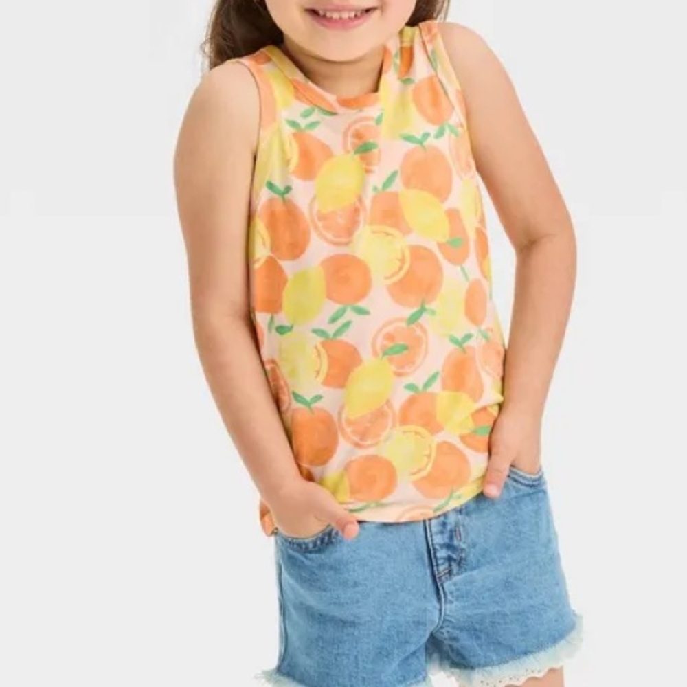 Cat & Jack Peach Orange Citrus Print Crewneck Cotton‎ Blend Sleeveless Tank Top